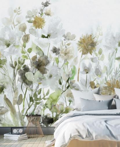 papier peint à fleurs vert sauge et gris