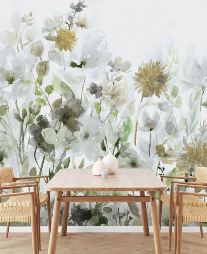 papier peint à fleurs vert sauge et gris