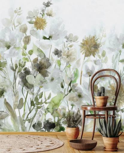 behang met saliegroene en grijze bloemen