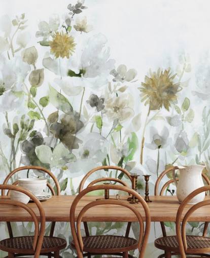 papel pintado de flores de color verde salvia y gris