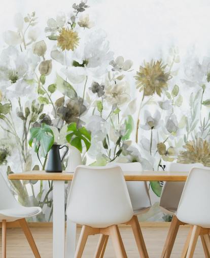 papel pintado de flores de color verde salvia y gris