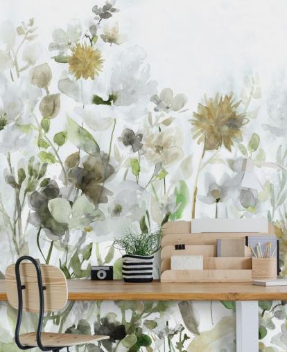 papel de parede de flores verde-sálvia e cinza