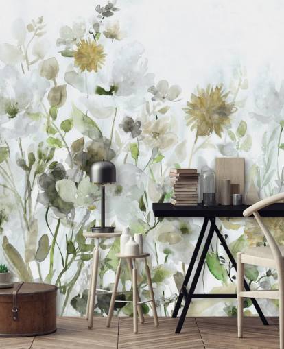 papel pintado de flores de color verde salvia y gris