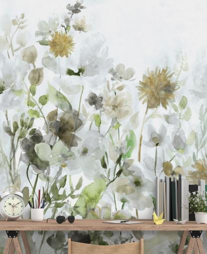 papier peint à fleurs vert sauge et gris