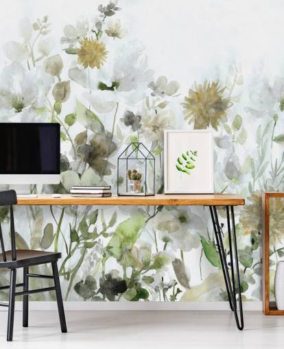 behang met saliegroene en grijze bloemen