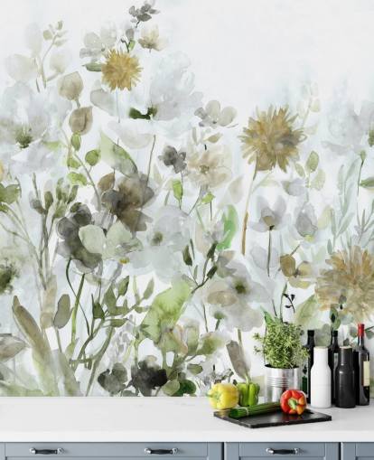 sage green and grey flowers wallpaper