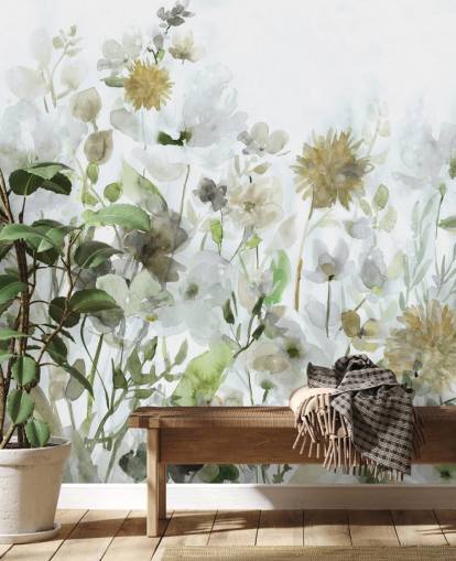 behang met saliegroene en grijze bloemen behang met saliegroene en grijze bloemen