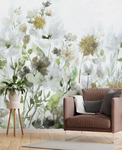 sage green and grey flowers wallpaper