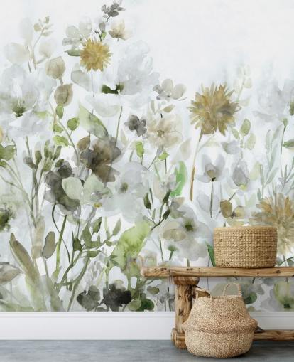 papel de parede de flores verde-sálvia e cinza
