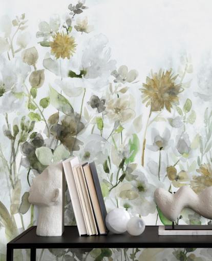behang met saliegroene en grijze bloemen behang met saliegroene en grijze bloemen
