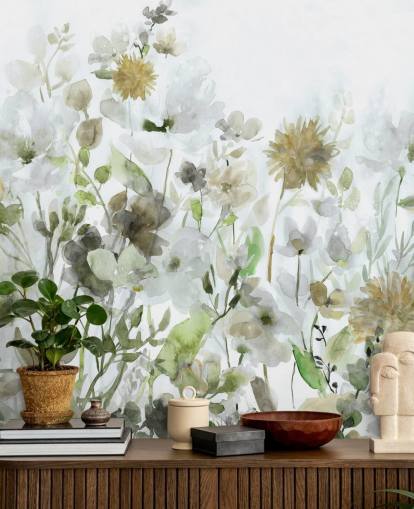 sage green and gray flowers wallpaper
