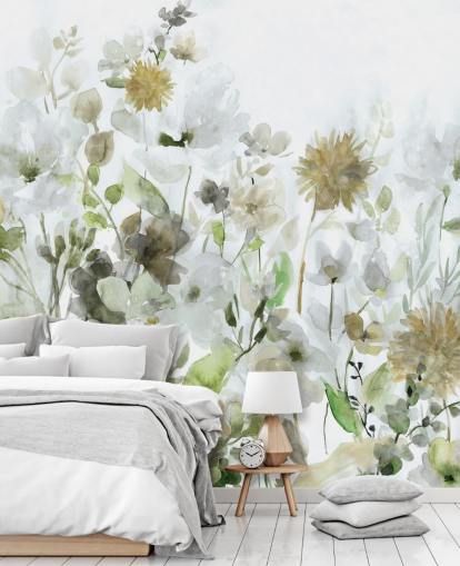 salbeigrüne und graue Blumentapete