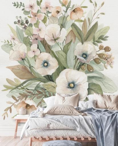 støvet lyserød og salviegrøn pastel blomstertapet