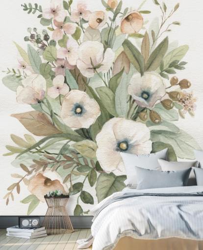 pastellfarbene Blumentapete in Staubrosa und Salbeigrün pastellfarbene Blumentapete in Staubrosa und Salbeigrün