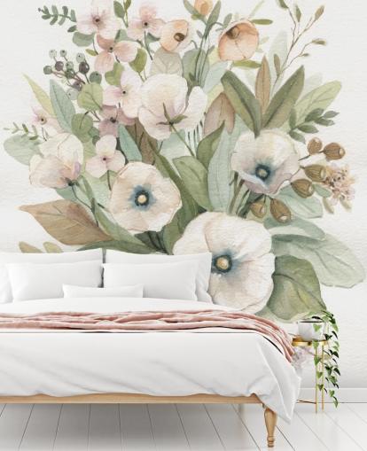 stoffig roze en saliegroen pastel bloemenbehang stoffig roze en saliegroen pastel bloemenbehang