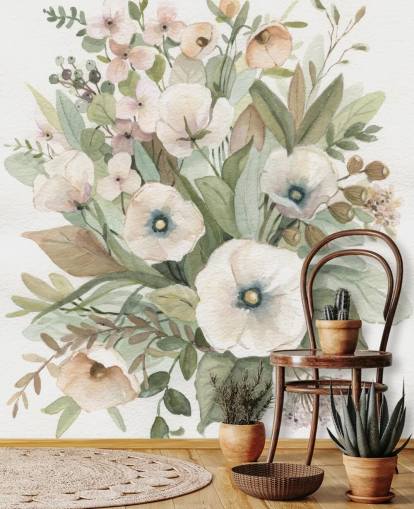 støvet lyserød og salviegrøn pastel blomstertapet