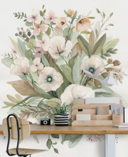 stoffig roze en saliegroen pastel bloemenbehang