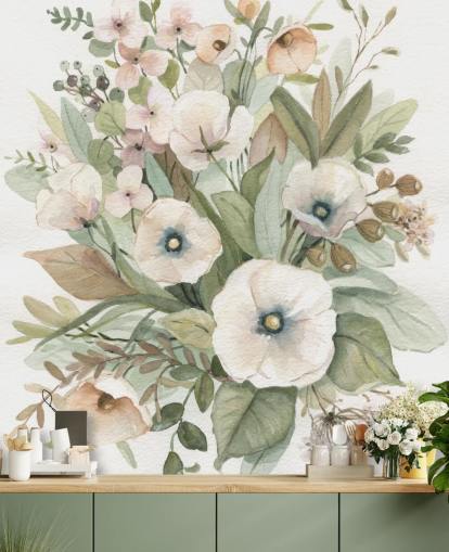 pastellfarbene Blumentapete in Staubrosa und Salbeigrün