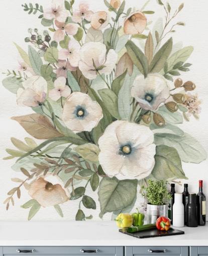 dammig rosa och salviagrön pastellblommig tapet