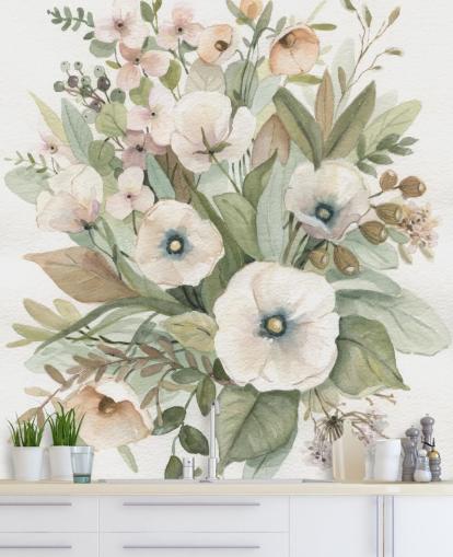 papel de parede floral pastel rosa empoeirado e verde sálvia
