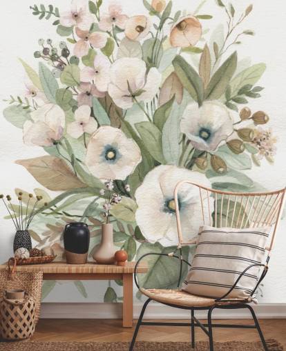 papel de parede floral pastel rosa empoeirado e verde sálvia