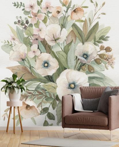 stoffig roze en saliegroen pastel bloemenbehang