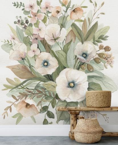 papel de parede floral pastel rosa empoeirado e verde sálvia