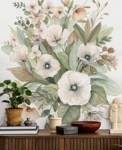 papel de parede floral pastel rosa empoeirado e verde sálvia