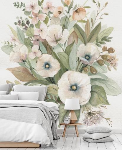 støvet lyserød og salviegrøn pastel blomstertapet