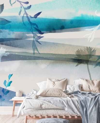 papel pintado paisaje acuarela azul, blanco y gris
