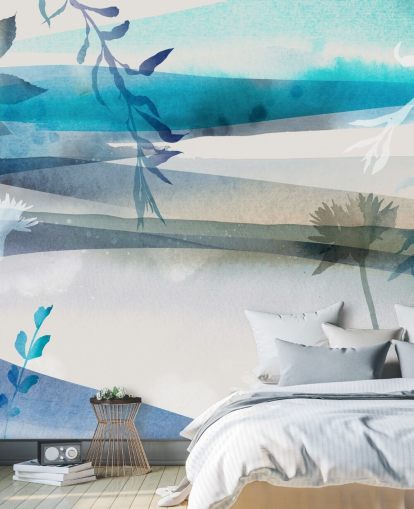 papel pintado paisaje acuarela azul, blanco y gris