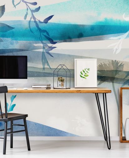 papel pintado paisaje acuarela azul, blanco y gris