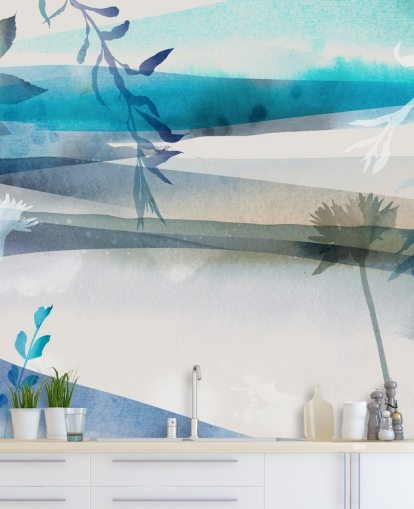 papel de parede de paisagem aquarela azul, branco e cinza