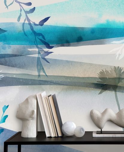 blaue, weiße und graue Aquarelllandschaftstapete