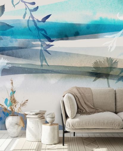 papel pintado paisaje acuarela azul, blanco y gris