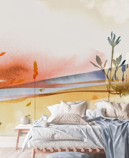 papier peint de plage abstrait aux tons orange, jaune et bleu