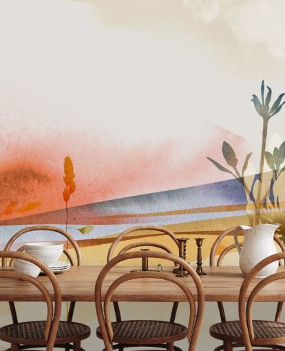 orange, gul og blå tonet abstrakt strand tapet