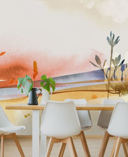 papel de parede abstrato de praia em tons de laranja, amarelo e azul