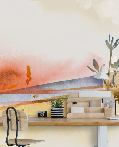 papel pintado de playa abstracto en tonos naranja, amarillo y azul