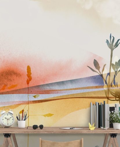 oransje, gul og blå tonet abstrakt strand tapet