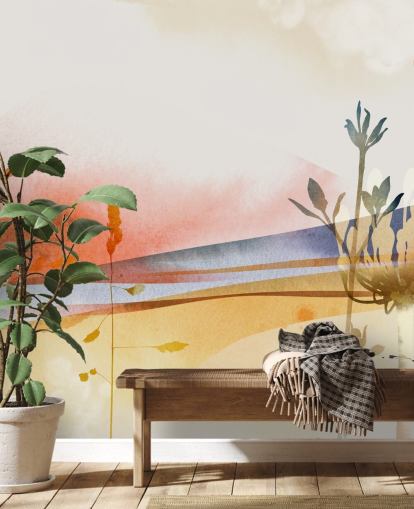 papel de parede abstrato de praia em tons de laranja, amarelo e azul