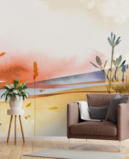 papier peint de plage abstrait aux tons orange, jaune et bleu