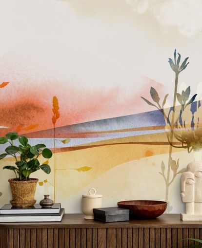 papel pintado de playa abstracto en tonos naranja, amarillo y azul