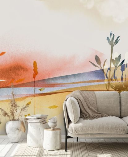 papier peint de plage abstrait aux tons orange, jaune et bleu papier peint de plage abstrait aux tons orange, jaune et bleu