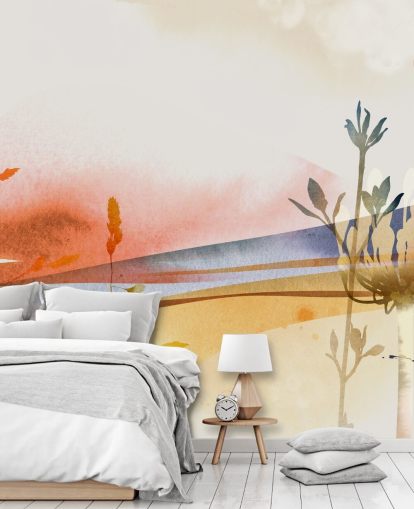 papel de parede abstrato de praia em tons de laranja, amarelo e azul