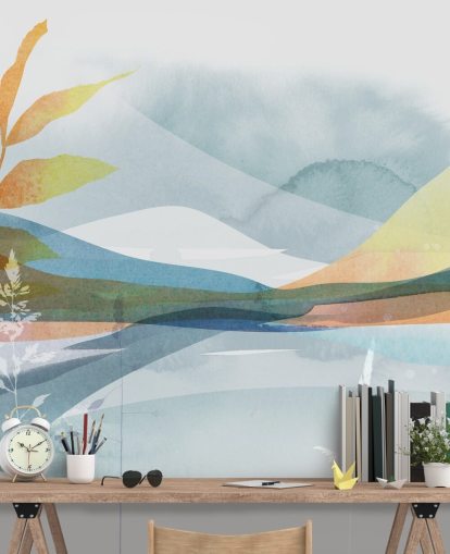 papier peint abstrait lac orange et bleu