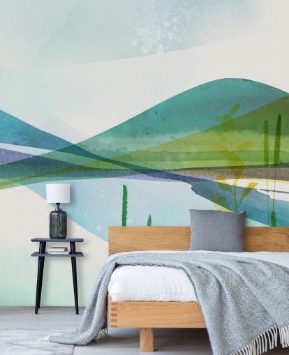 papier peint abstrait lac bleu, vert et jaune