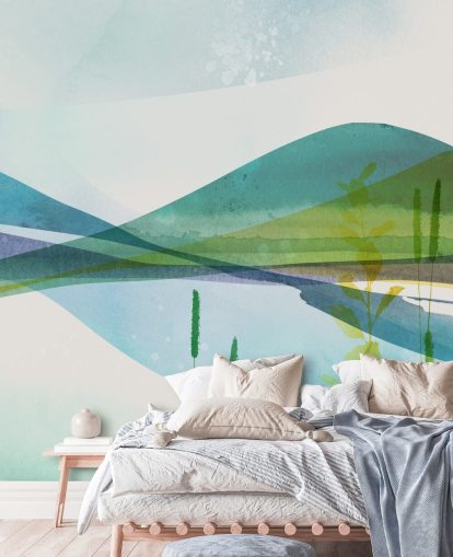 papier peint abstrait lac bleu, vert et jaune