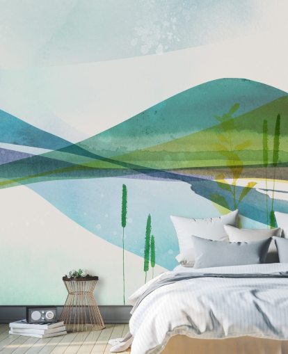 blue, green and yellow abstract lake wallpaper