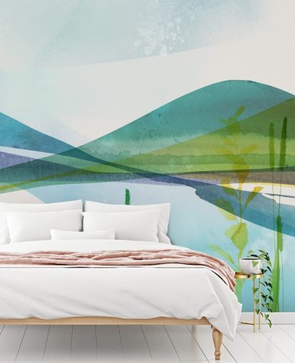 carta da parati astratta lago blu, verde e giallo